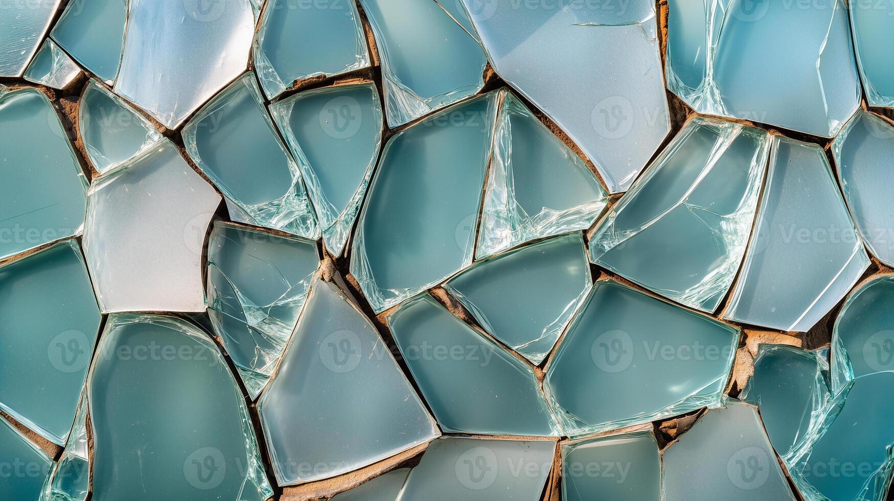 Close-up of shattered glass shards from an abandoned factory window reflecting light and decay photo
