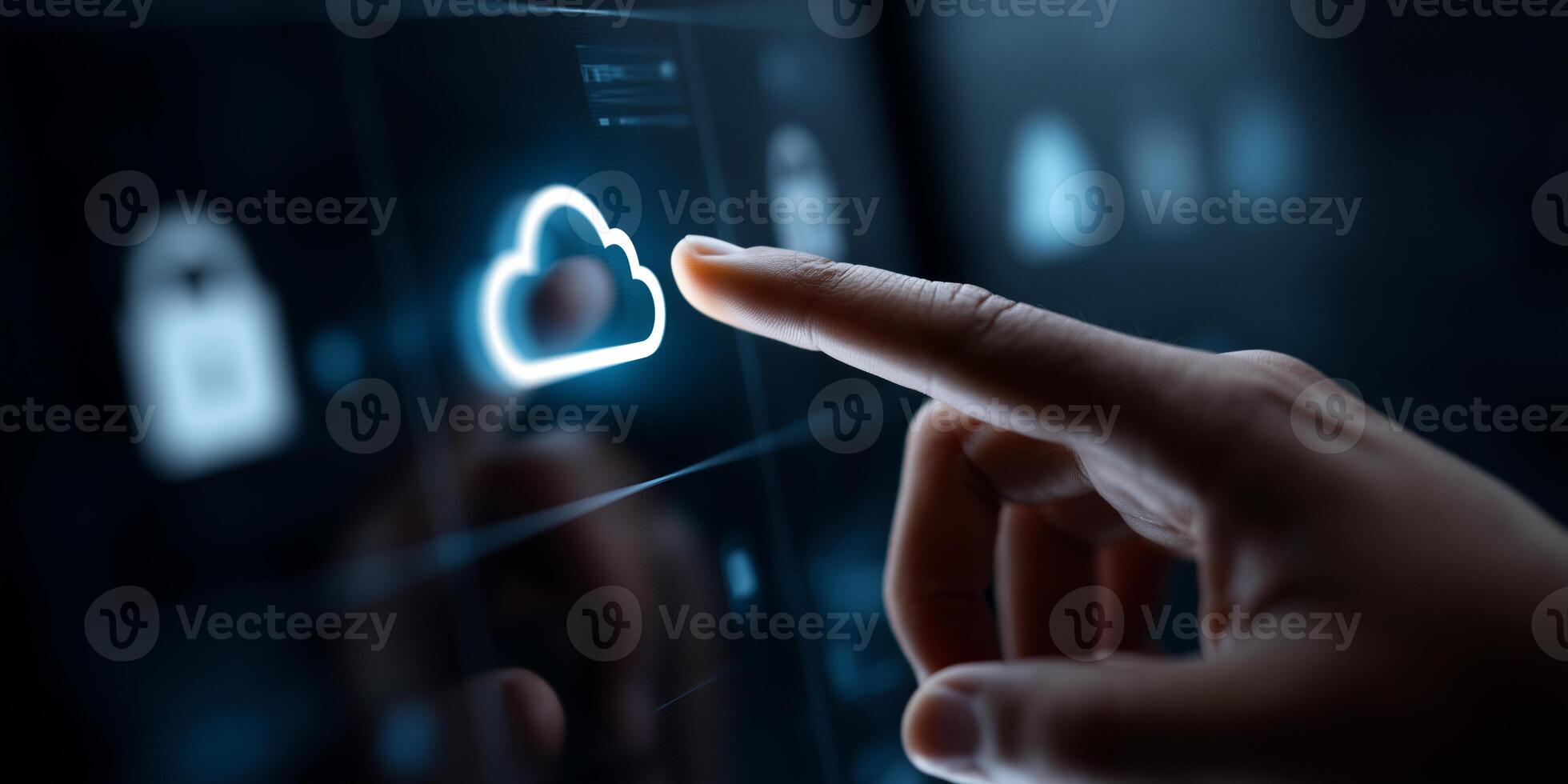 Close-up view of a hand accessing cloud storage through a digital screen featuring security and data icons photo