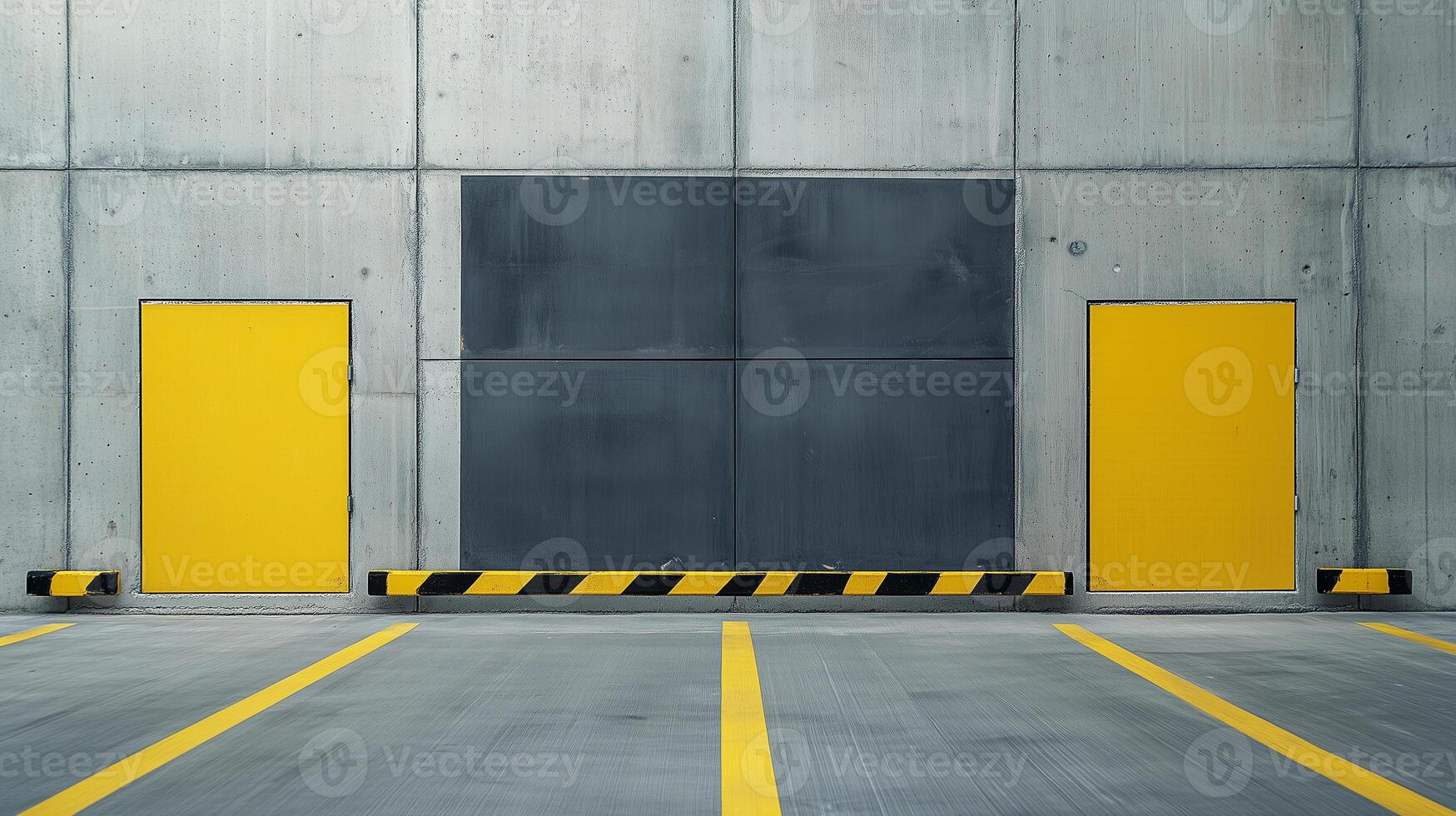 Concrete loading dock background showcasing pallet marks and yellow doors in an industrial setting photo