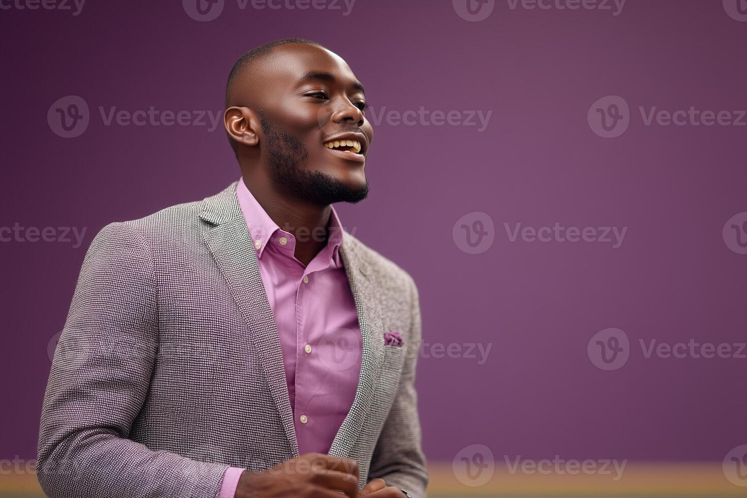 University professor engaging students while delivering a lecture against a muted royal purple background photo
