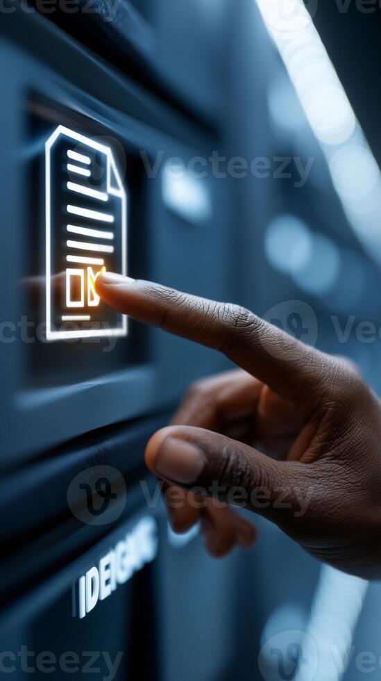 Hand interacting with digital document management system featuring checklist on blue illuminated background photo