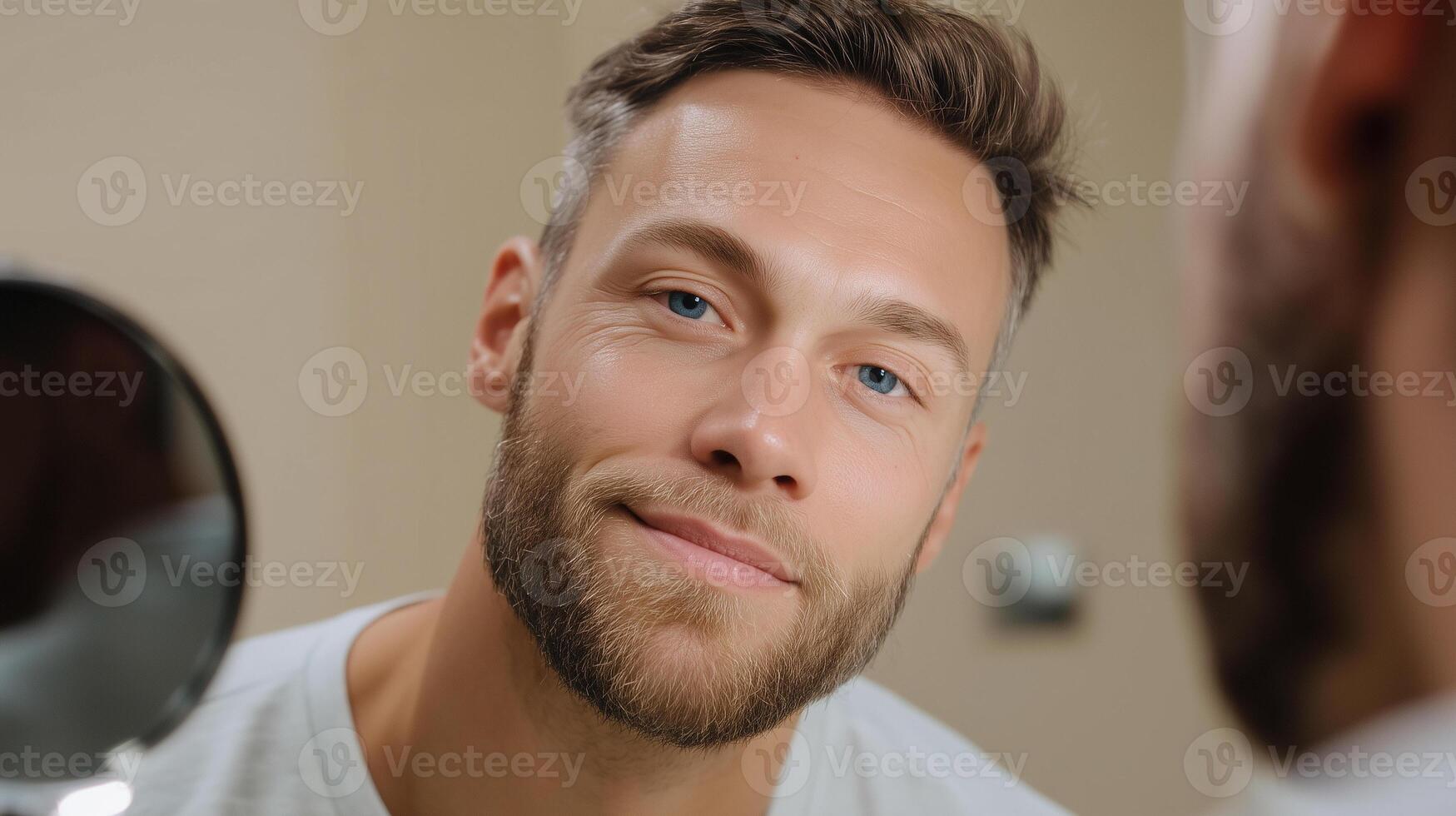 Man admiring himself in mirror with satisfaction in a neutral setting photo