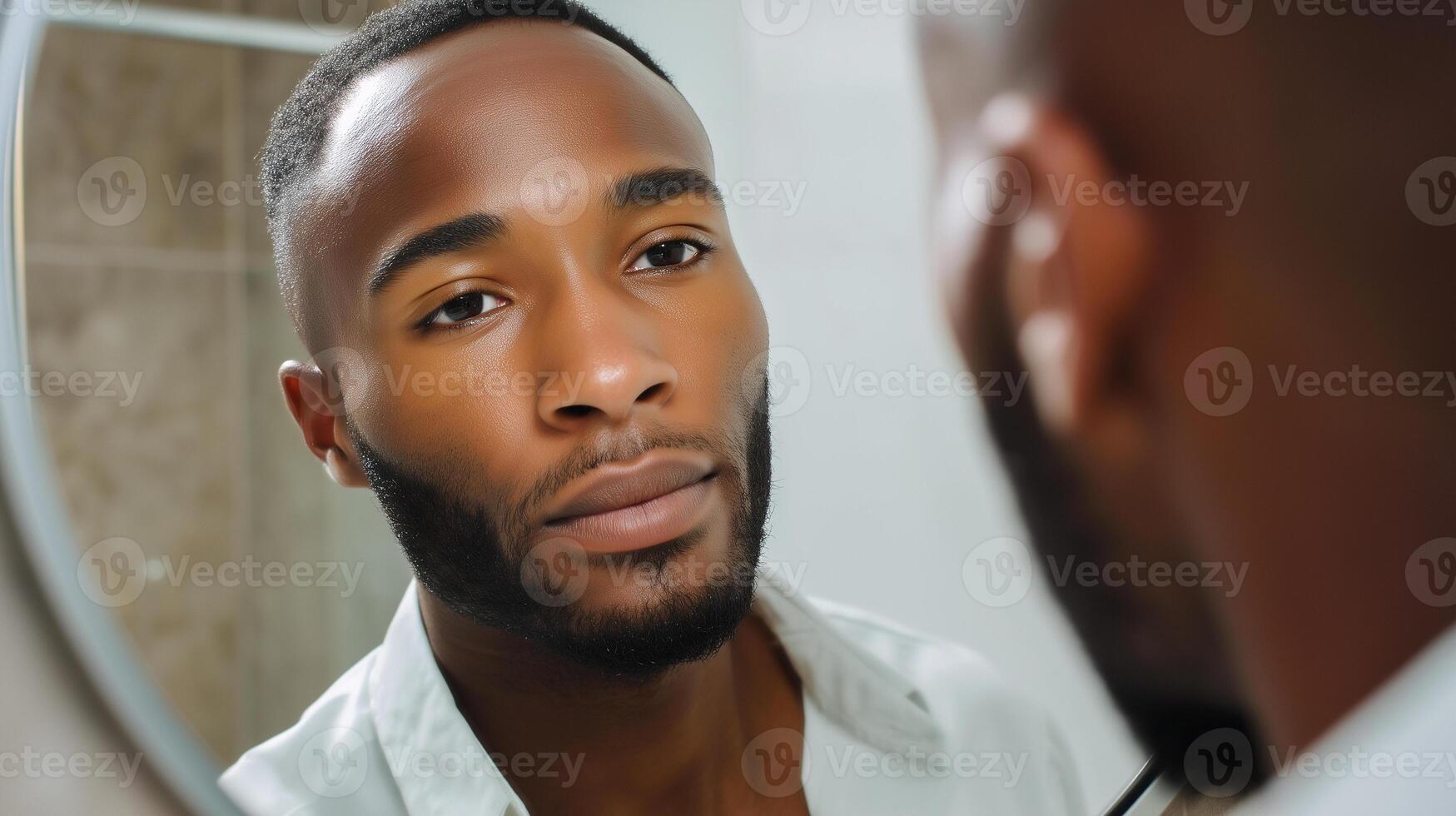 Man looking in mirror with satisfaction in a neutral backdrop, reflecting confidence and self-acceptance photo