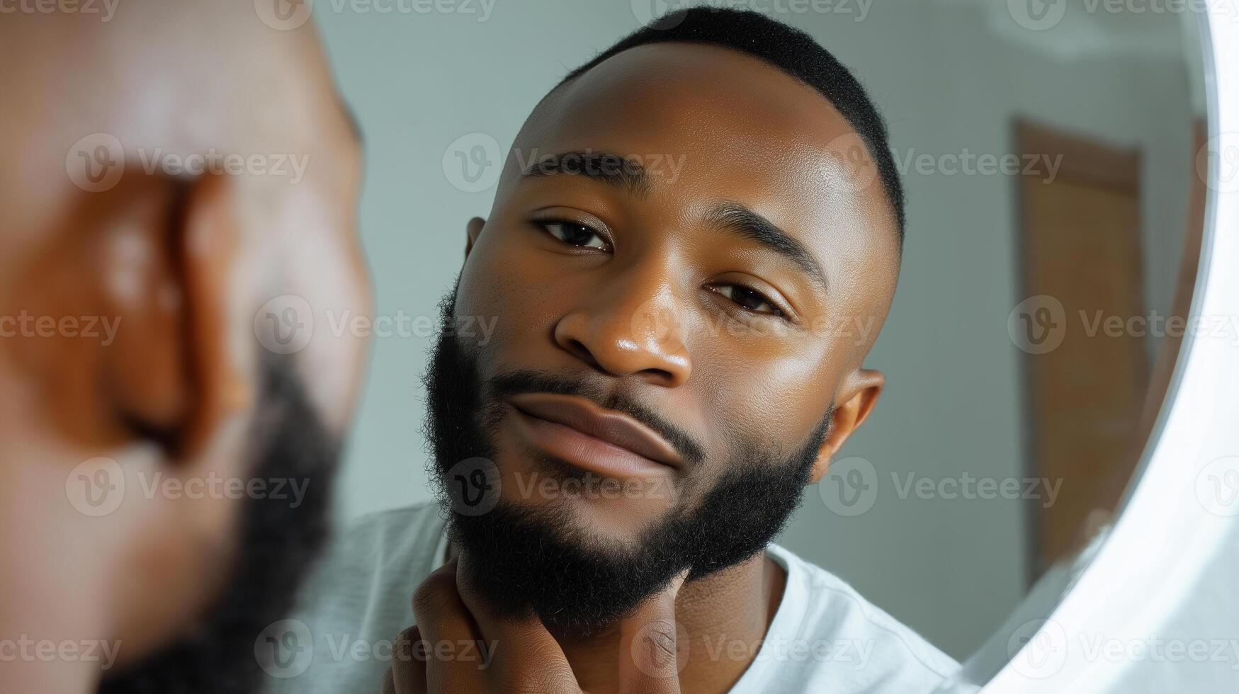 Man gazes into mirror with satisfaction, reflecting confidence in a neutral setting photo