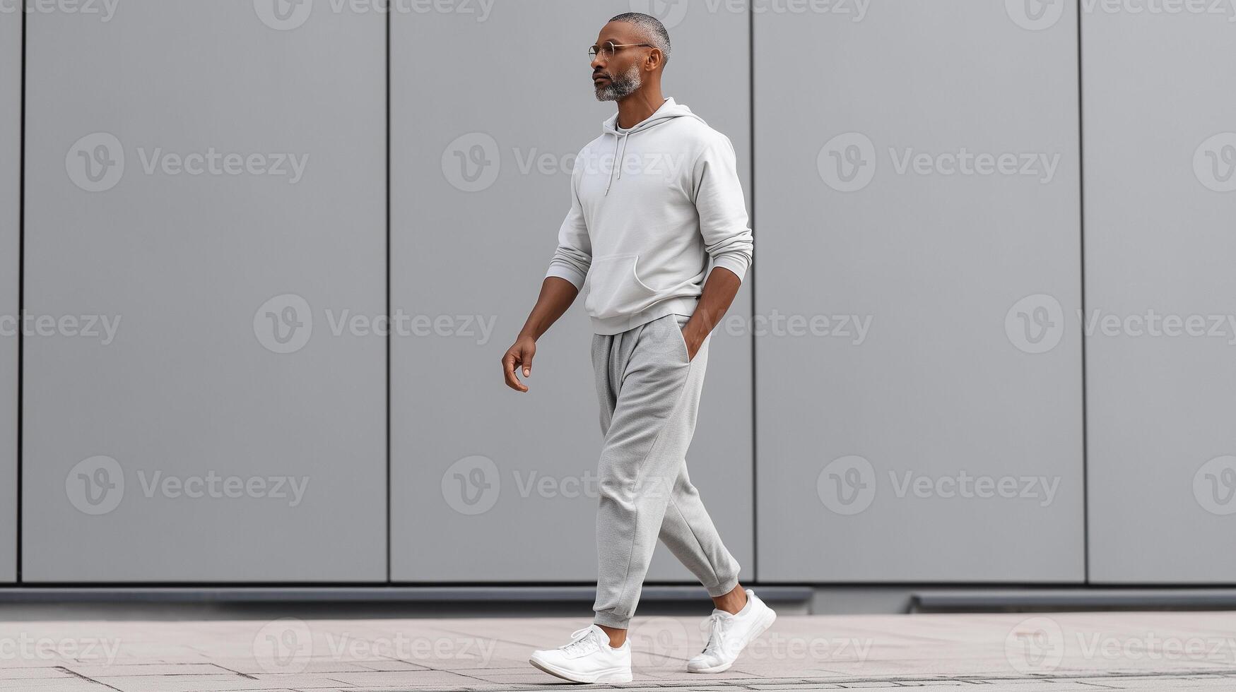 Confident man walking in stylish fit clothing against a neutral background with ample copy space photo