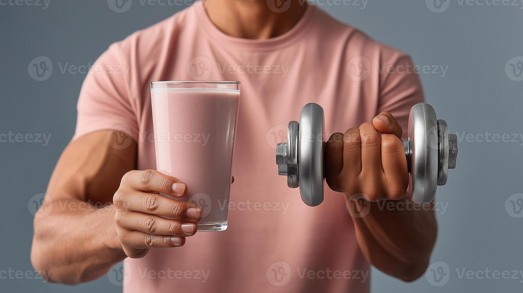 Person holds smoothie and dumbbell while exercising in a neutral setting to promote health and fitness photo