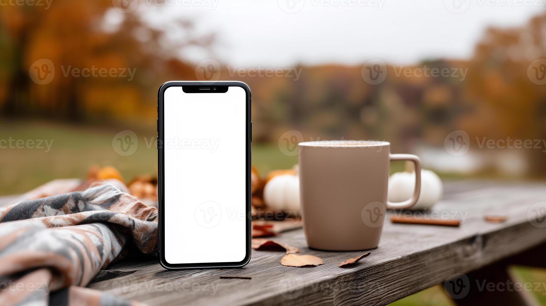Phone mockup displayed on a picnic bench with autumn leaves and pumpkin spice latte in a cozy fall setting photo