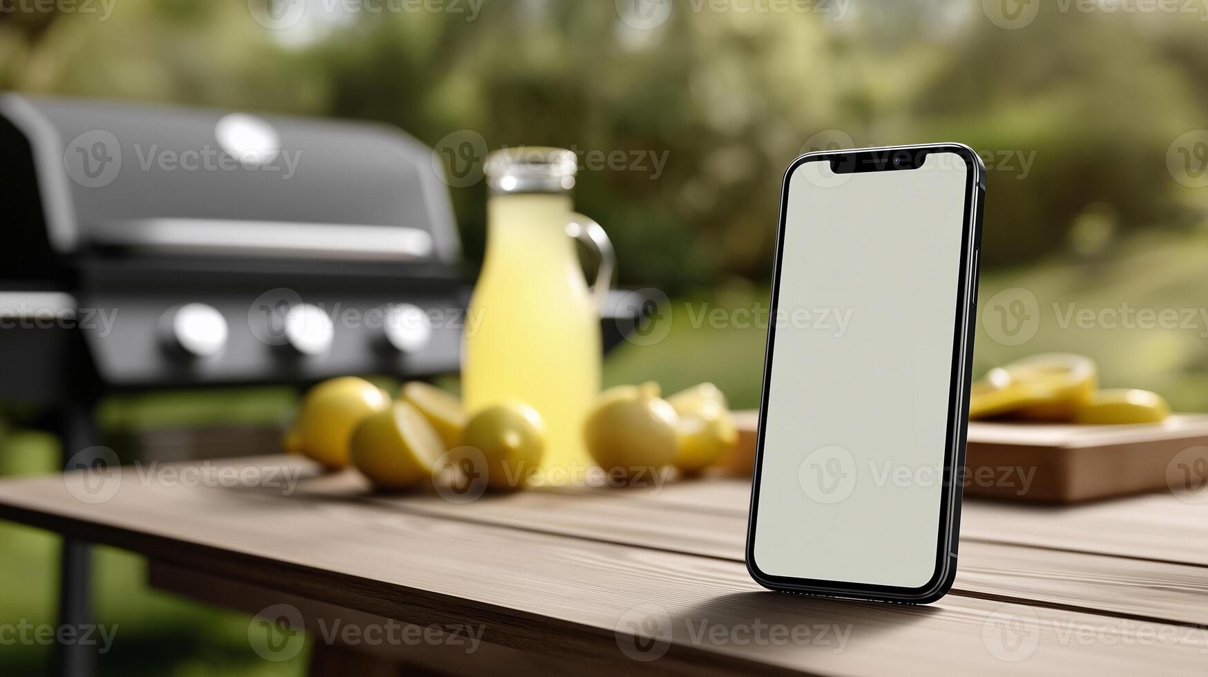 Smartphone mockup on a picnic table with barbecue grill and lemonade at summer cookout photo