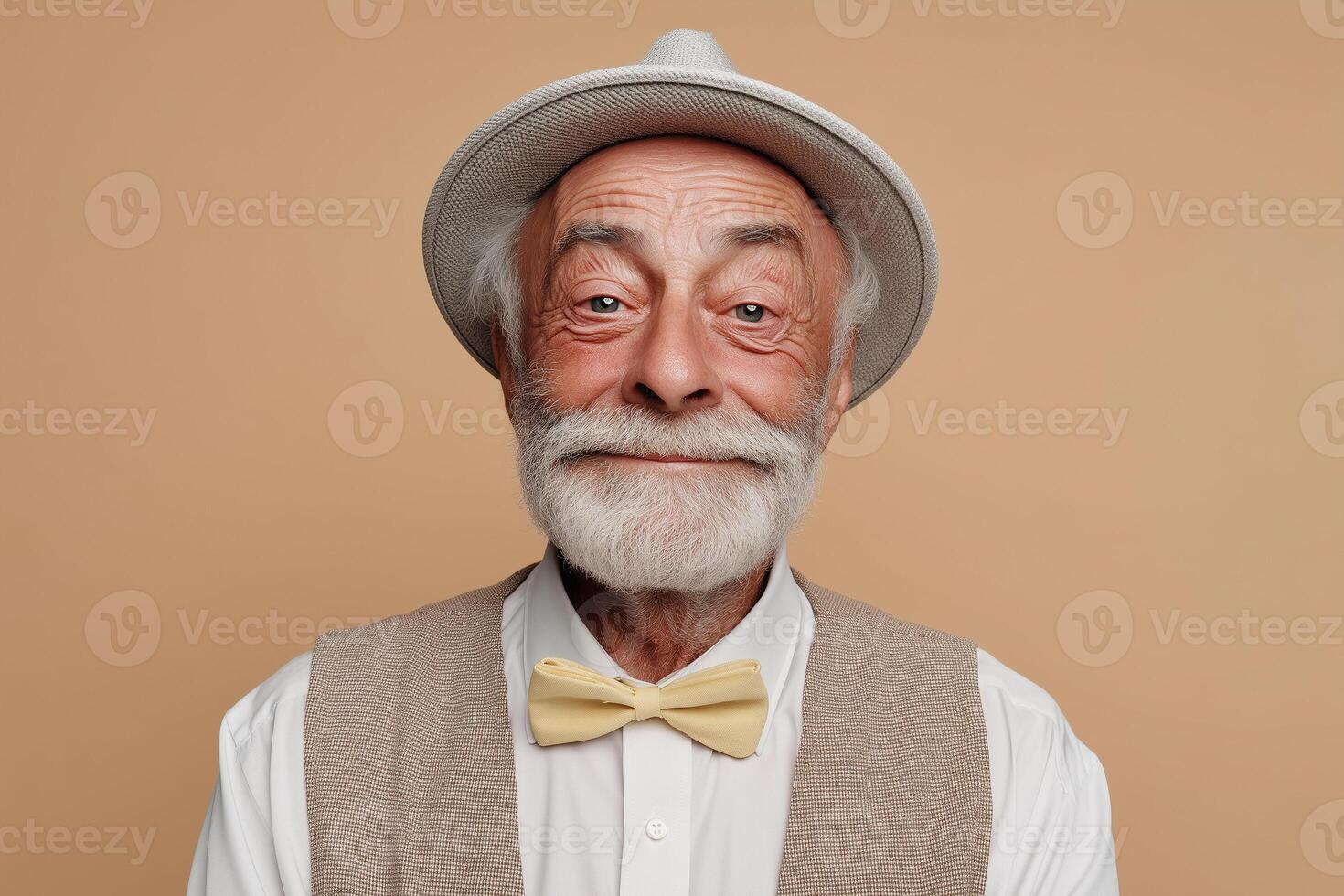 Warm-hearted elderly gentleman with gentle smile and classic attire, set against a soft beige background photo