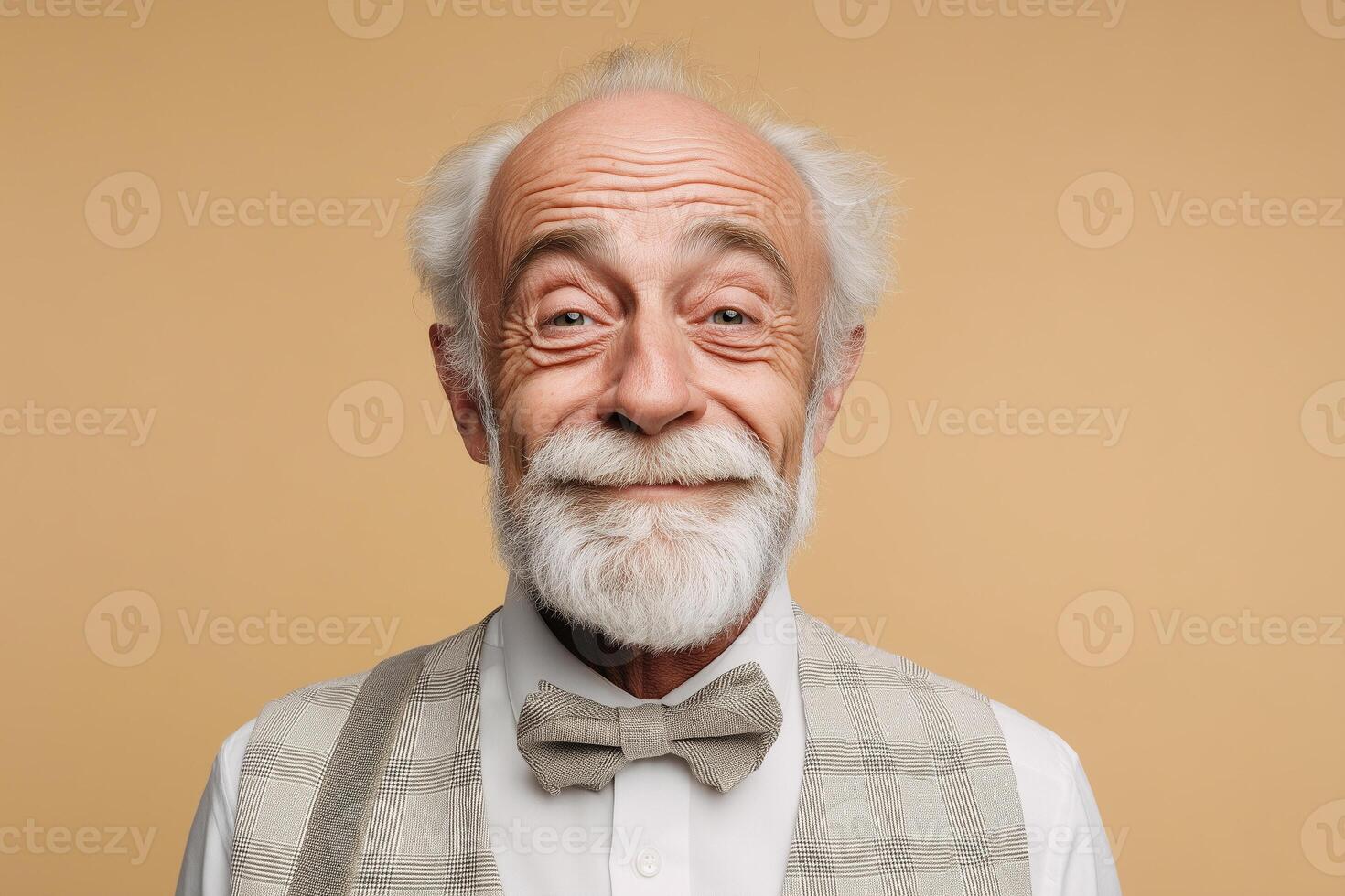 Charming elderly gentleman with a gentle smile, dressed in classic attire on a soft beige background photo