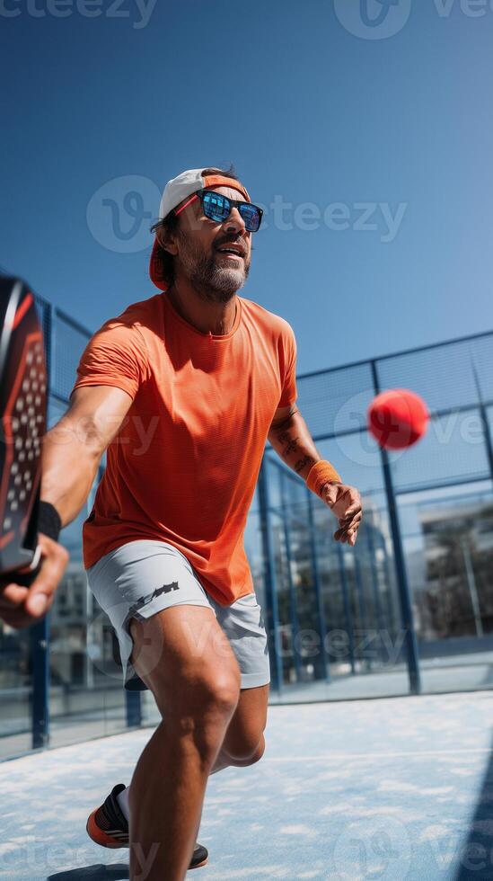 Man enjoys playing padel with friends on a sunny day at the sports court photo