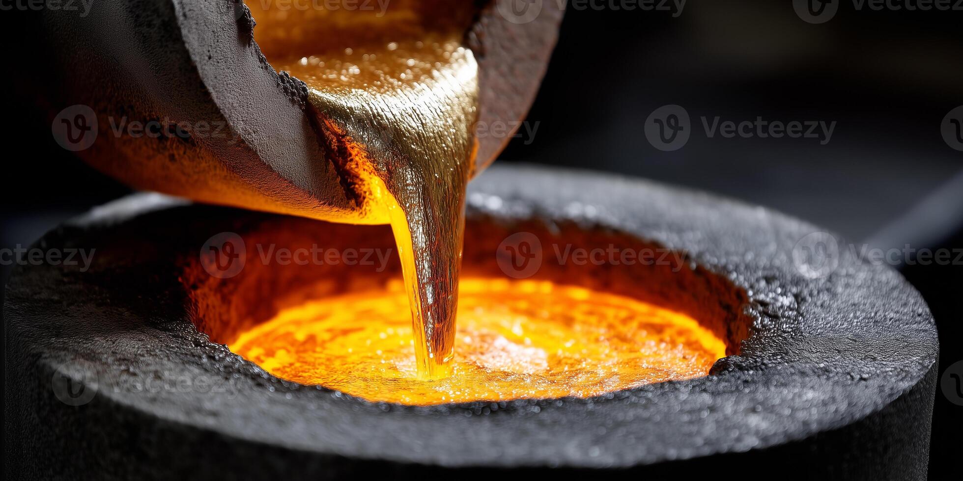 Molten gold being poured from a smelting crucible into a ring shape in a workshop photo