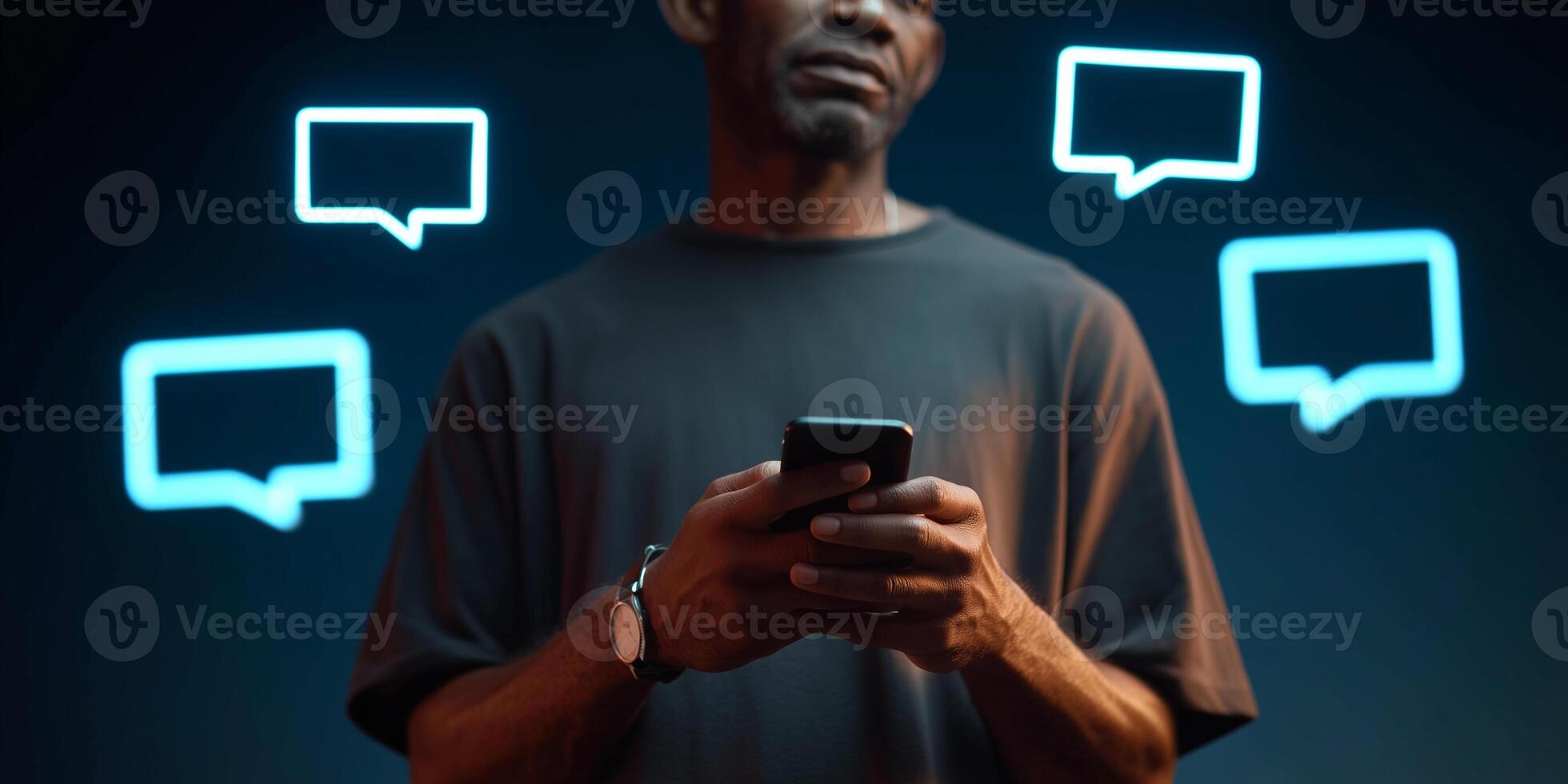 Person interacts with phone surrounded by floating holographic speech boxes photo