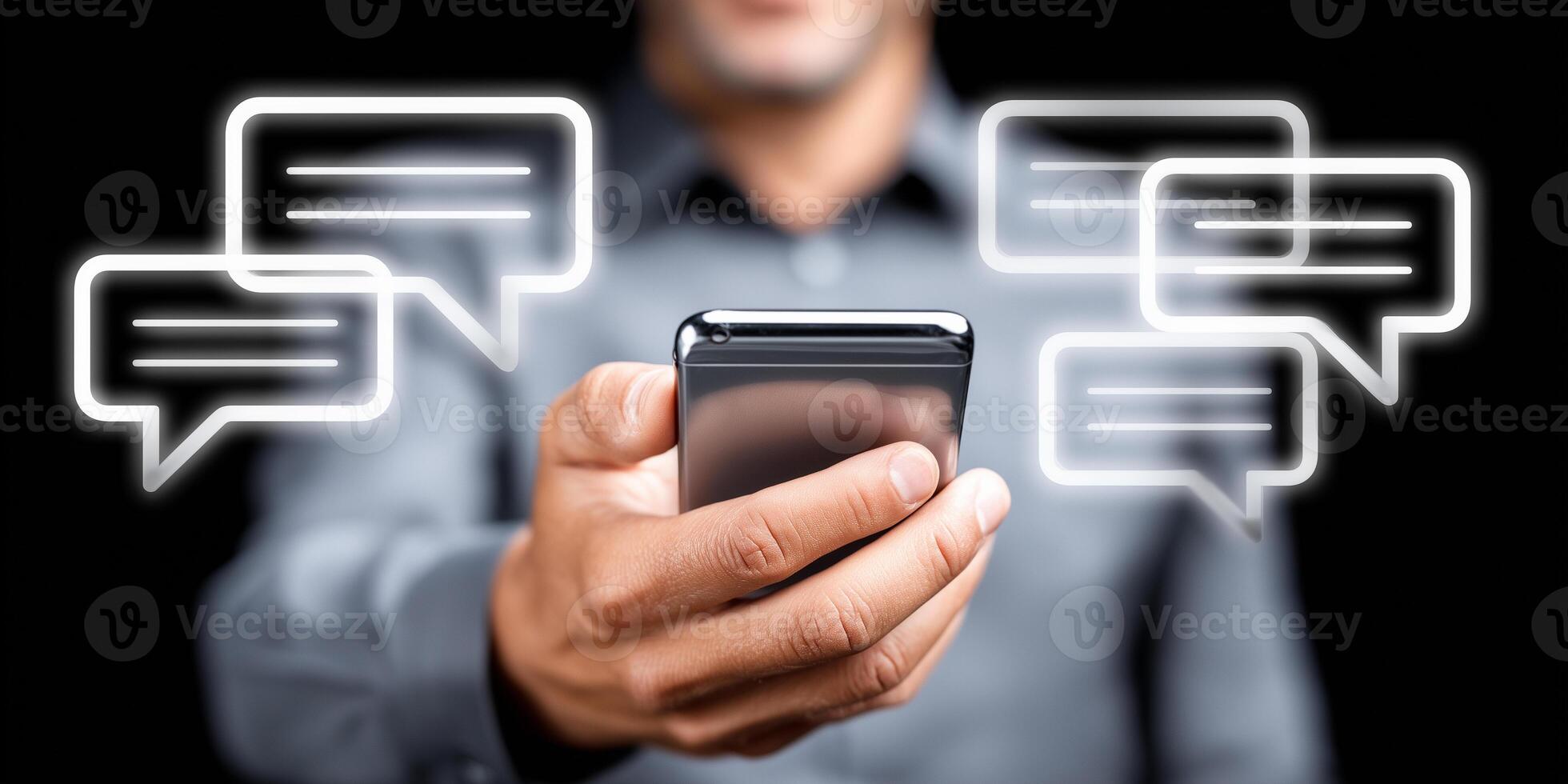 Person interacting with smartphone displaying holographic speech boxes in a modern setting photo