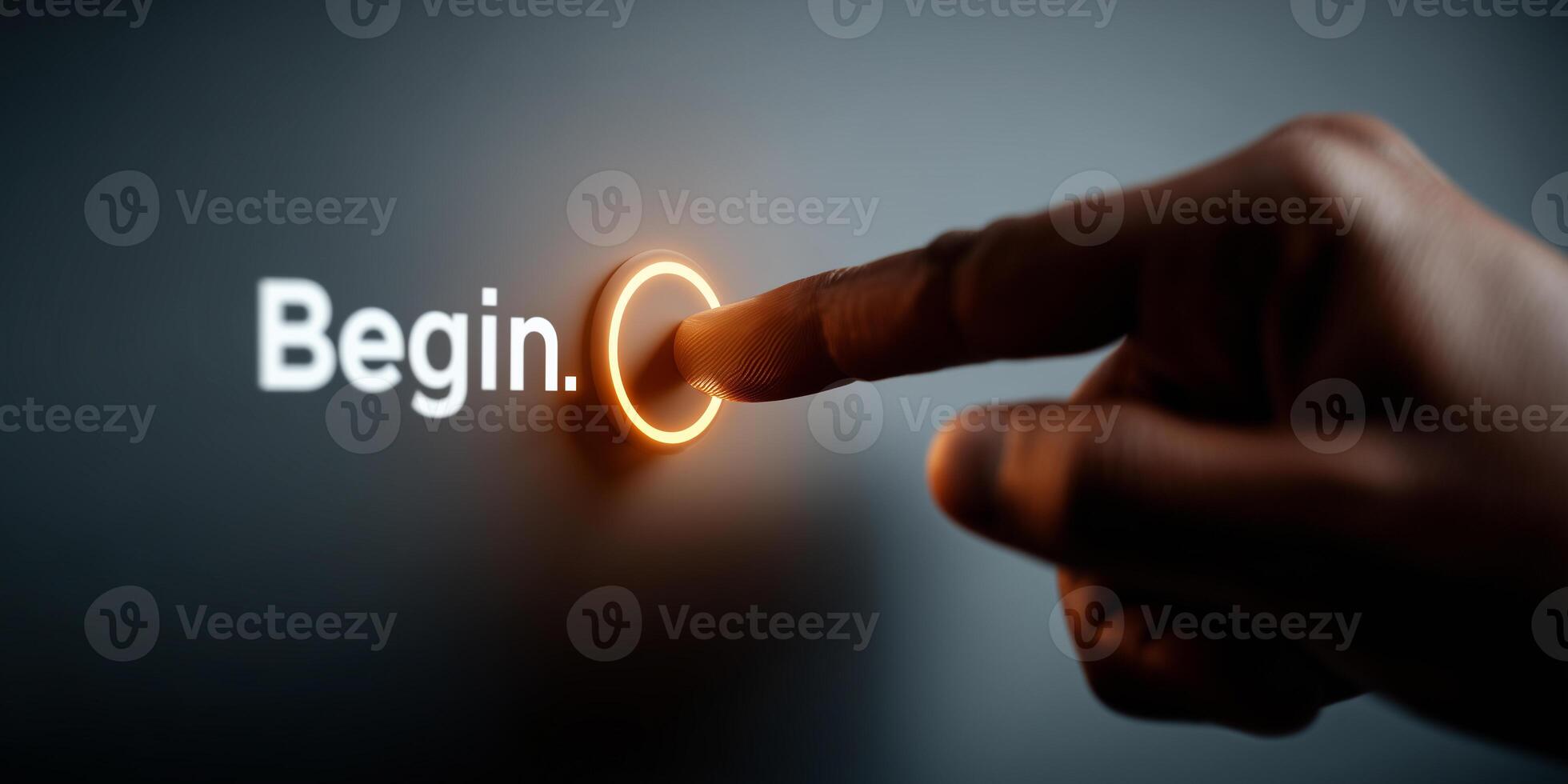 Hand pressing glowing Begin button on digital interface emphasizing privacy and trust photo