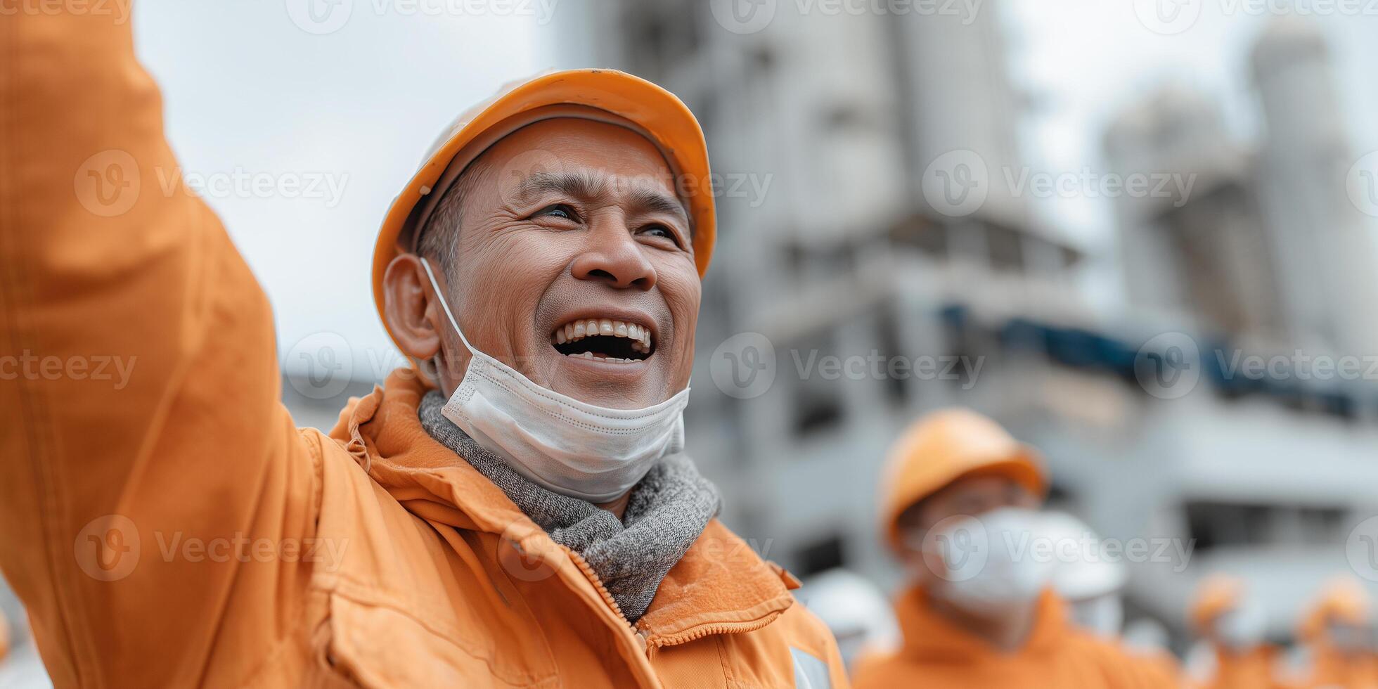 Workers celebrate success of anti-dumping policy in industrial setting during afternoon gathering photo