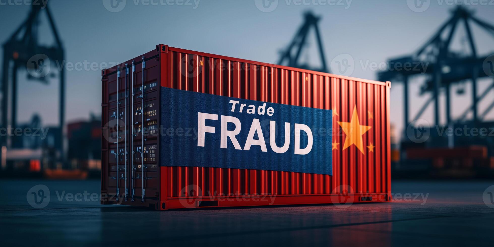 Red shipping container with China flag pattern covered by blue fabric suggests trade fraud in an industrial port at dusk photo