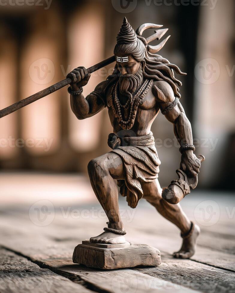 Intricate wooden statue of Lord Shiva in majestic pose showcasing detailed craftsmanship and aged texture photo