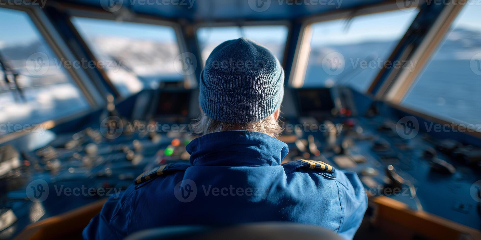 Helmsman navigates Scandinavian ferry through the northern sea in tranquil daylight photo