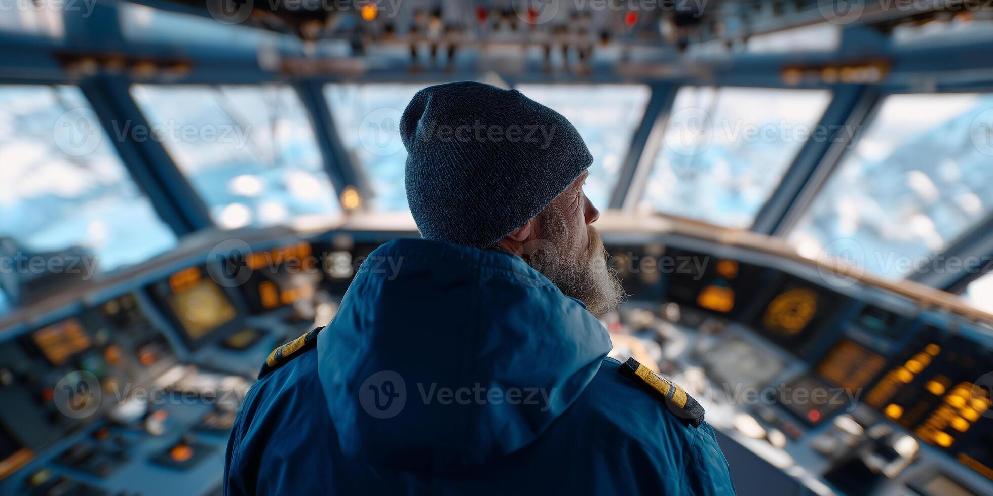 Helmsman calmly navigates Scandinavian ferry through the chilly northern sea with panoramic views photo