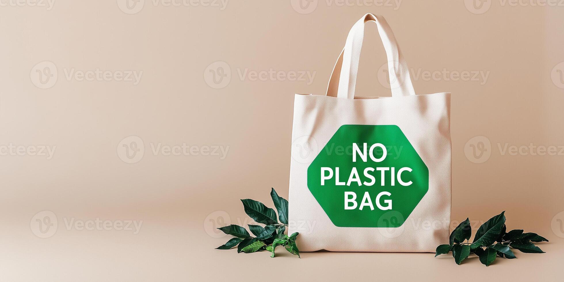 Eco-friendly shopping bag promoting no plastic usage at a sustainable market photo