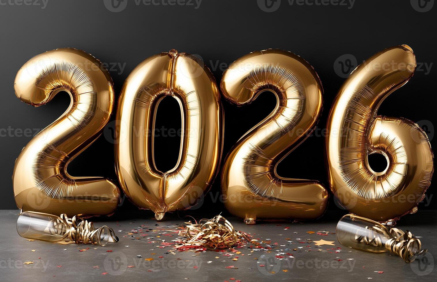 Celebrate the new year 2026 with golden foil balloons, champagne glasses, and confetti on a dark background photo