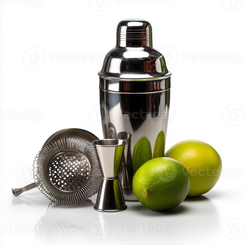 Cocktail shaker with lime strainer and jigger on isolated white background for mixing drinks photo