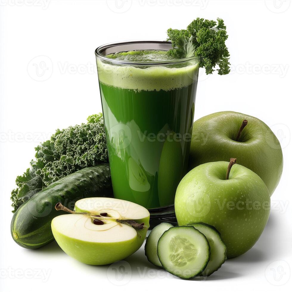 Detox green juice featuring kale, cucumber, and apple on a white background photo