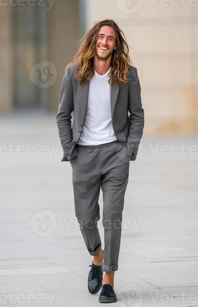 Happy young man in a suit smiling while walking on a city street near an office building photo