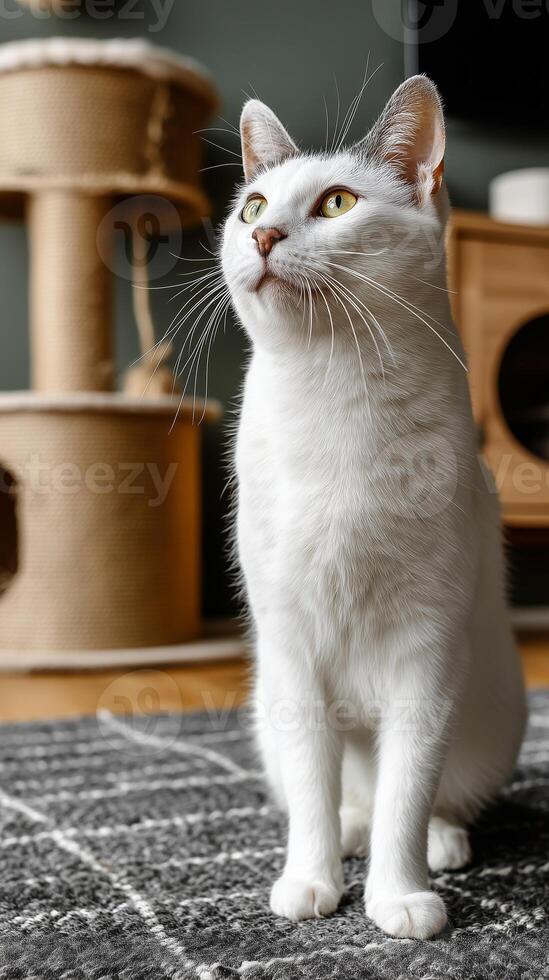 White cat sitting elegantly on gray carpet near modern scratching tower in stylish home interior photo