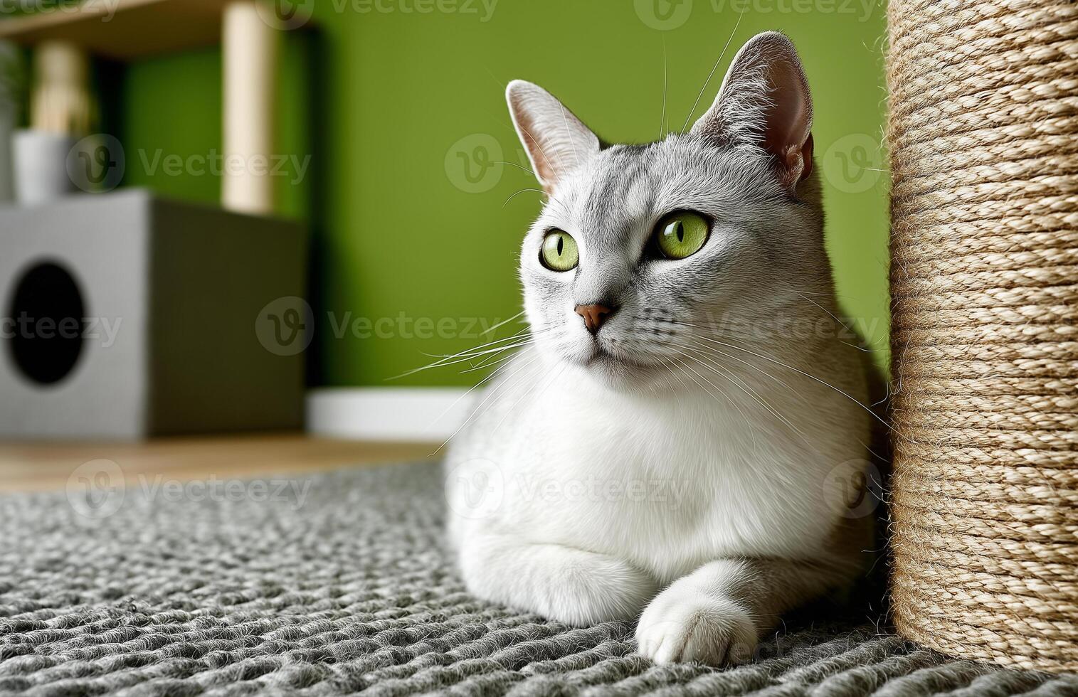 White cat sits calmly on gray carpet beside scratching tower in modern interior design setting photo