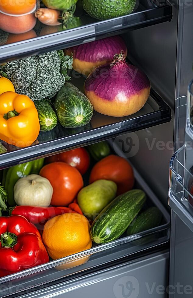 Fresh fruits and vegetables arranged inside a modern refrigerator in a kitchen setting photo