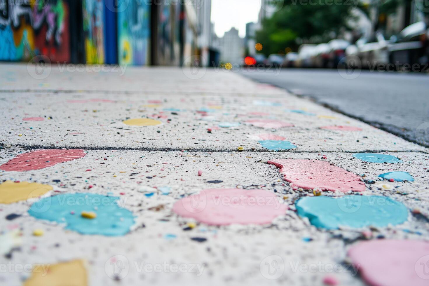 Chewing gum stains create colorful patterns on the sidewalk in an urban area photo
