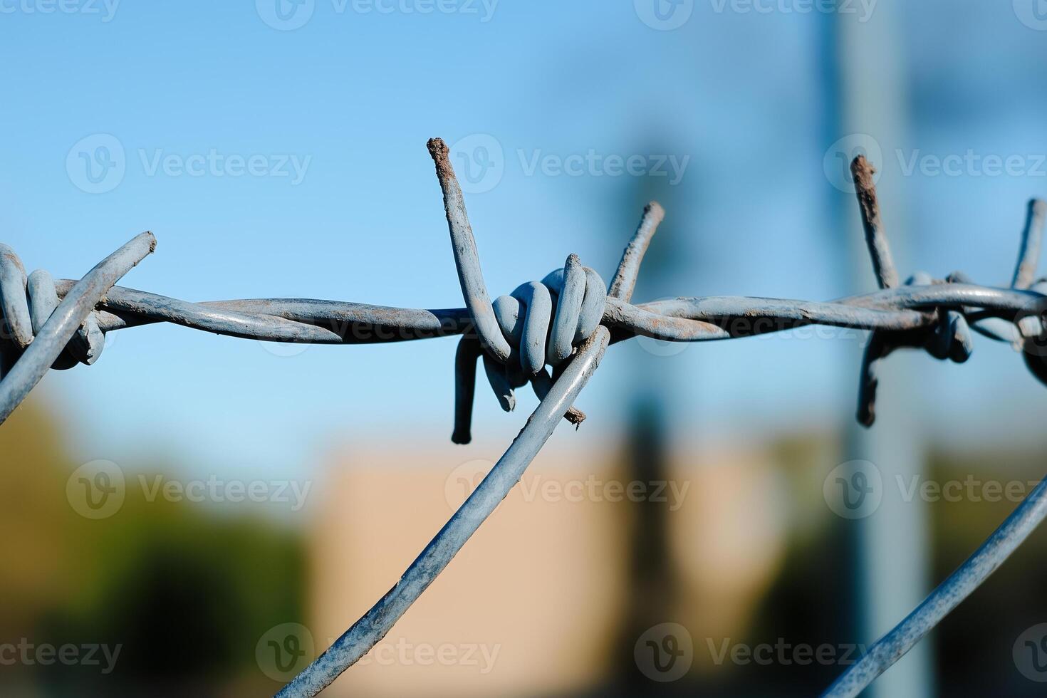Broken chain-link fence with barbed wire snags against a clear blue sky photo