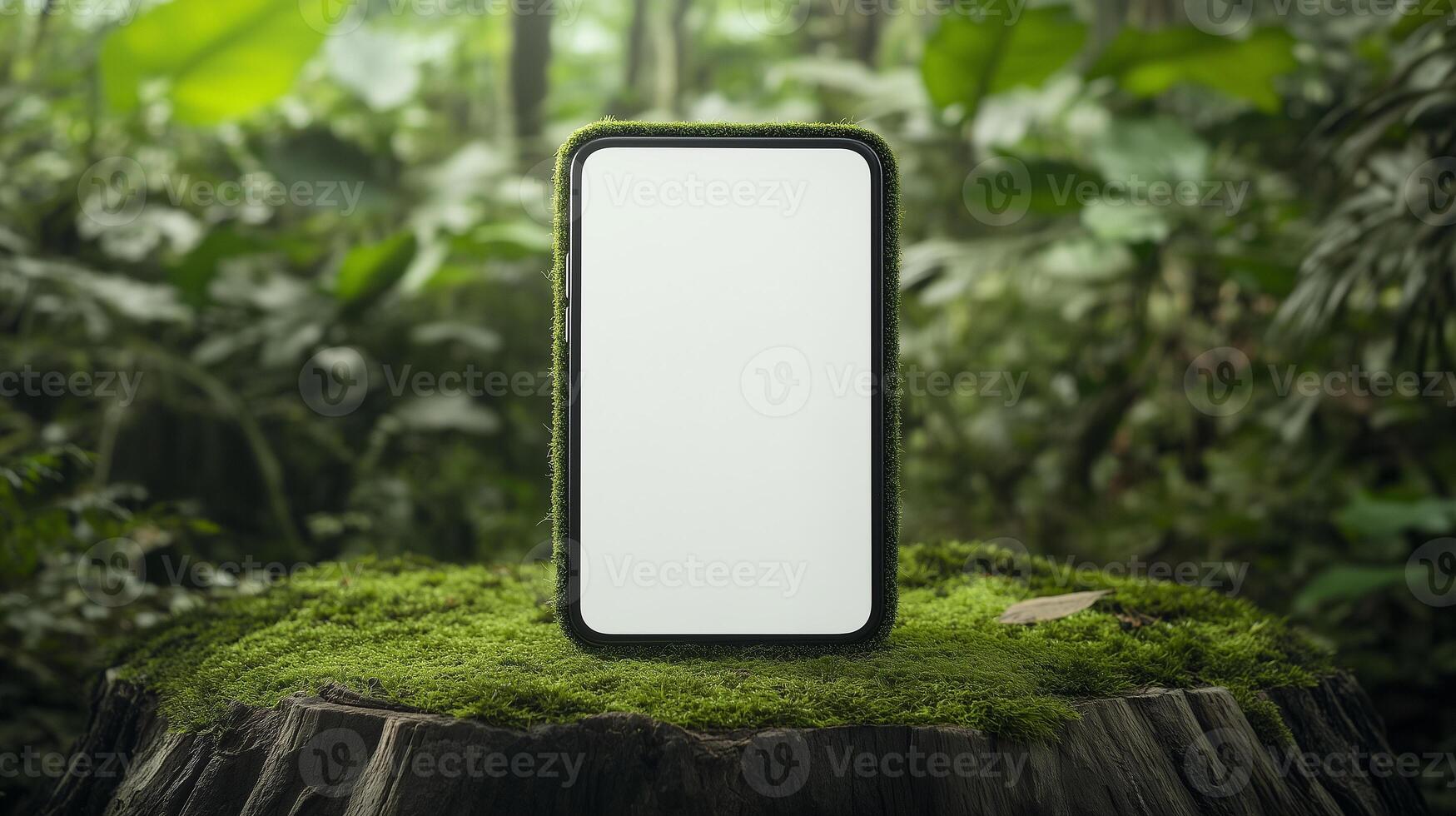 Eco-friendly smartphone mockup showcasing a nature-inspired design on a moss-covered wooden slab photo