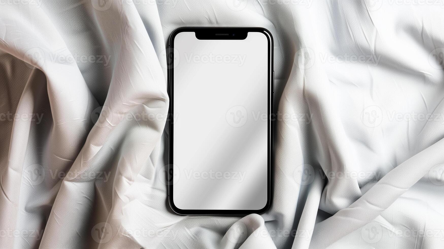 Mockup showcasing an iPhone on a light gray linen cloth with a blank screen and aluminum edges photo