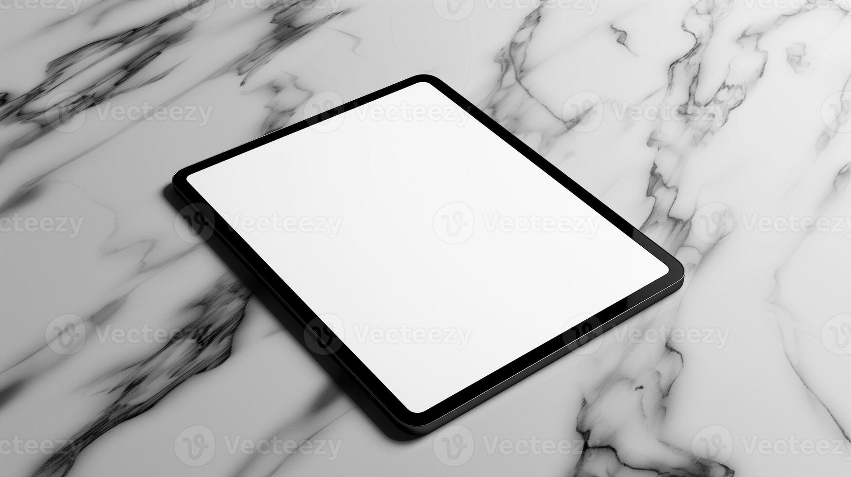 Minimalist tablet mockup on white marble desk with a blank screen and soft shadows for creative presentations photo
