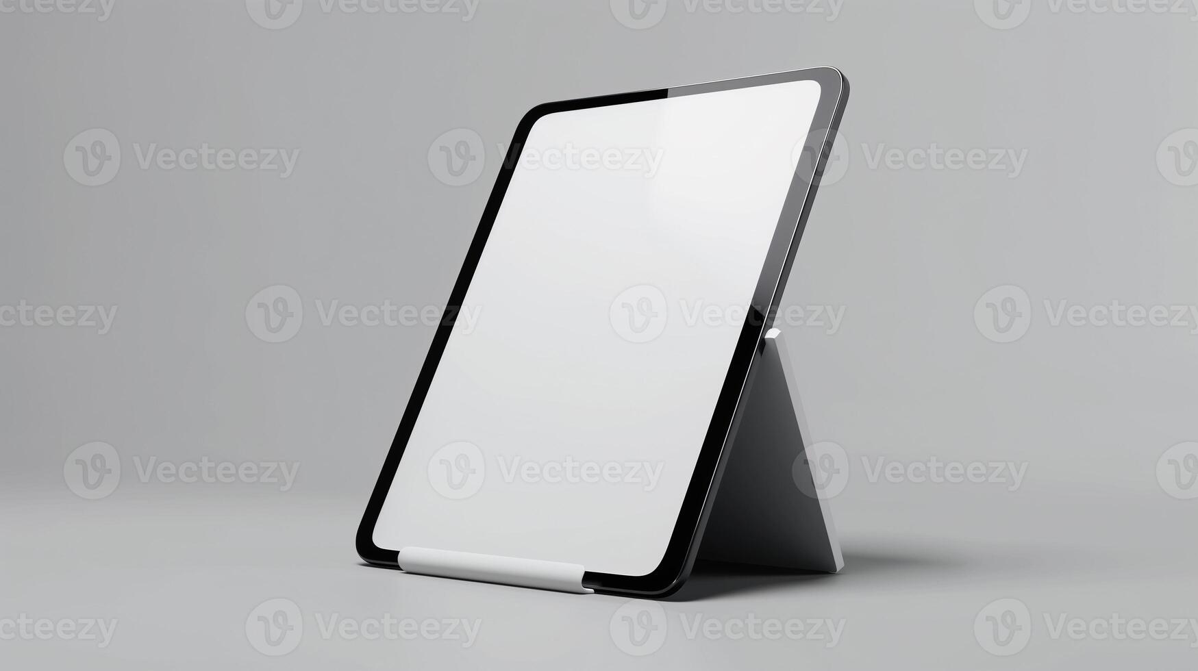 Tablet mockup displayed on a white acrylic stand with a blank screen in a modern, minimalist setting photo