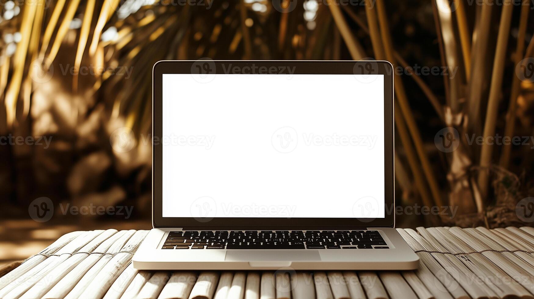 Modern laptop mockup displayed on a bamboo desk with soft daylight illuminating the natural wood grain photo