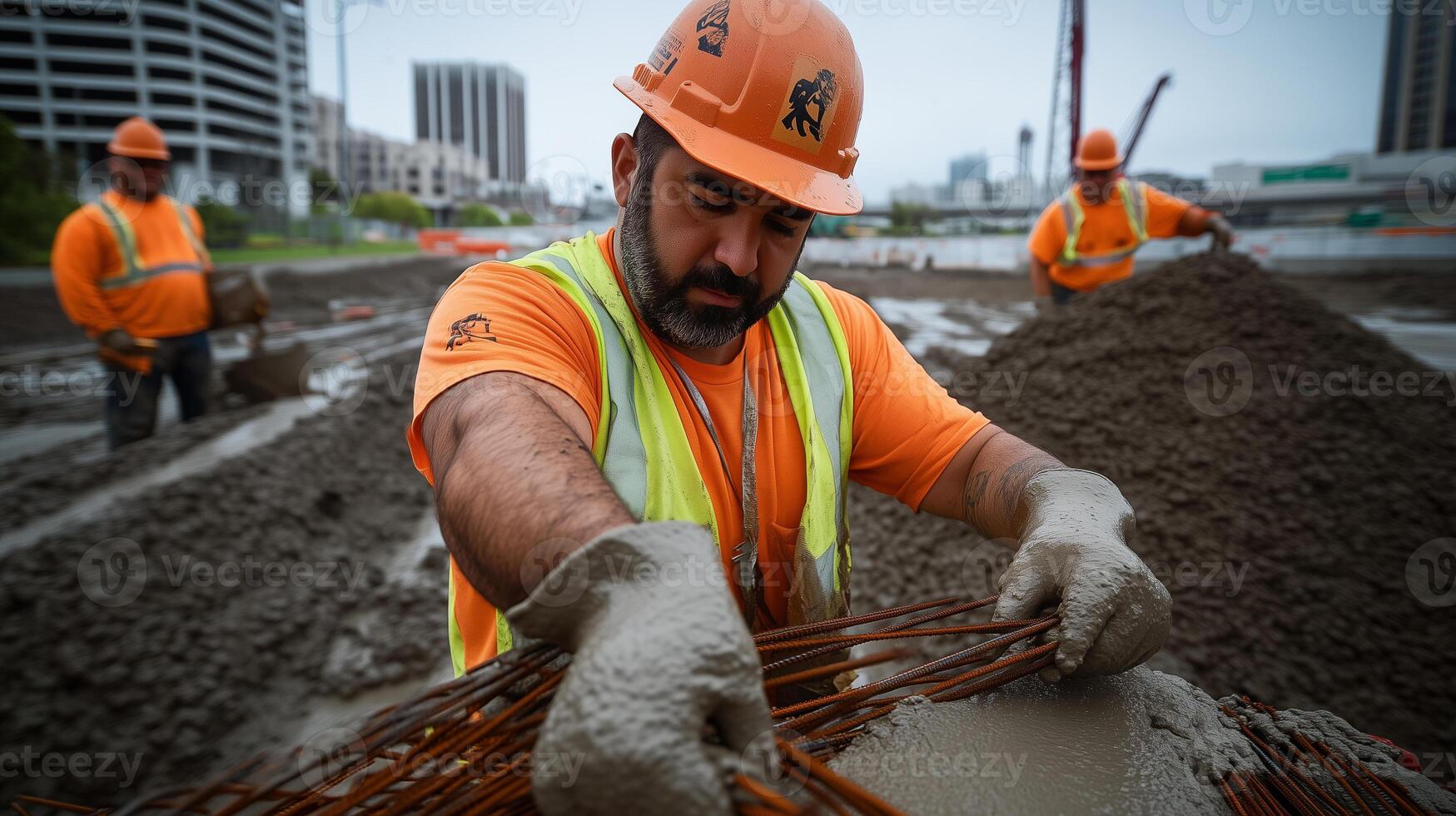Workers pouring concrete and setting rebar during construction of an underground parking facility in urban area photo