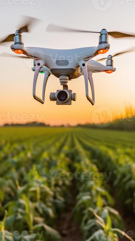 Drones monitor crops and automate irrigation systems during sunset in a farming landscape photo