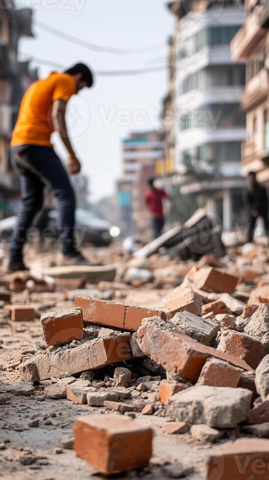 Destruction in city streets following recent earthquake, with debris scattered across the ground photo