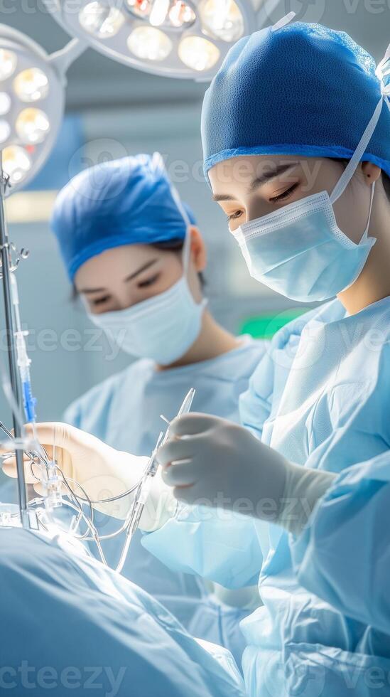 AI-powered medical robots assist in surgery while doctors monitor in advanced operating room photo