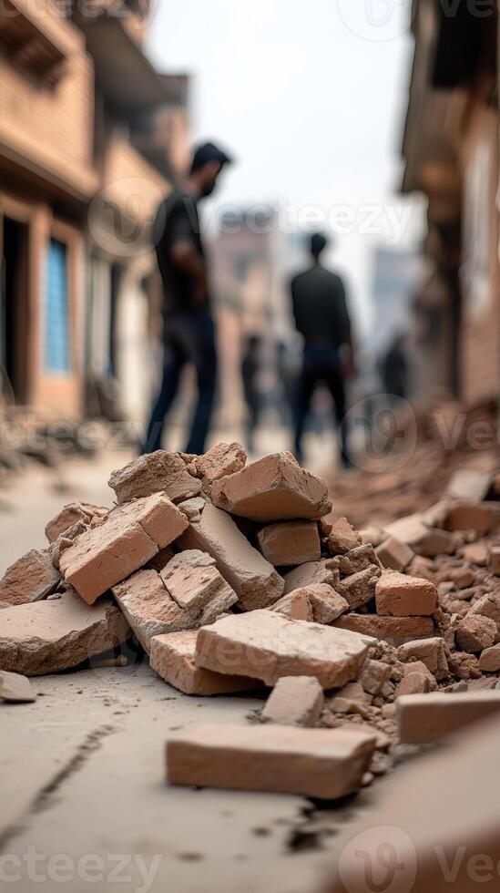 Destruction in urban area after earthquake causing bricks and debris to scatter across the street photo