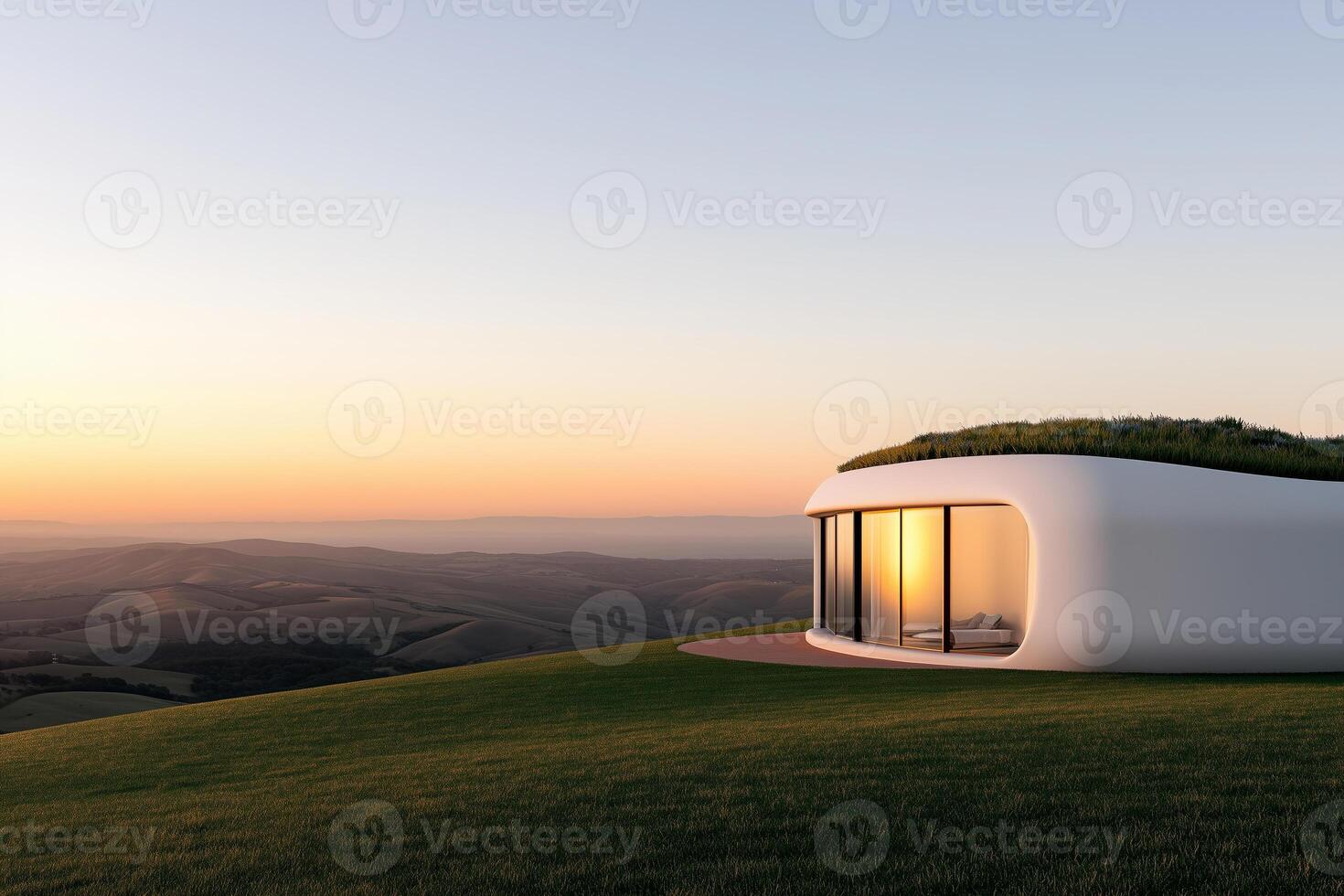 Modular eco-home with 3D-printed walls and robotic garden tenders enjoys sunrise over rolling hills photo