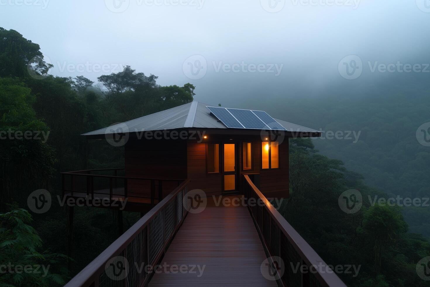 Eco-home blends into misty rainforest with solar panels and tree bridges at dawn photo