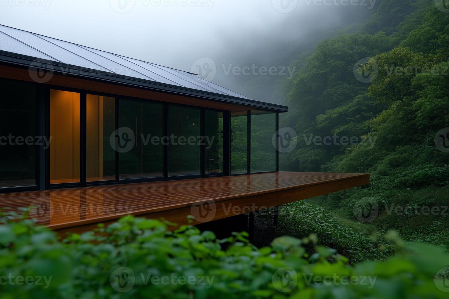 Innovative steampunk eco-home with vintage gears in a foggy Victorian cityscape photo