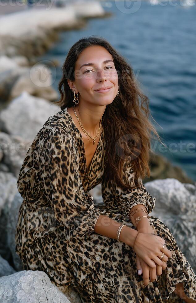 Beautiful woman in leopard-print dress relaxing on rocks by the sea during golden hour photo