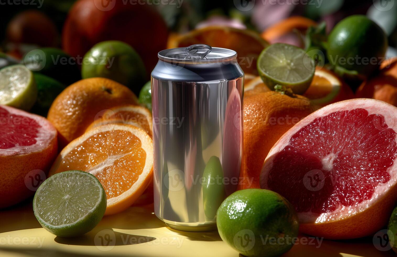 Refreshing orange and lime soda can surrounded by vibrant fruit against pastel yellow backdrop photo