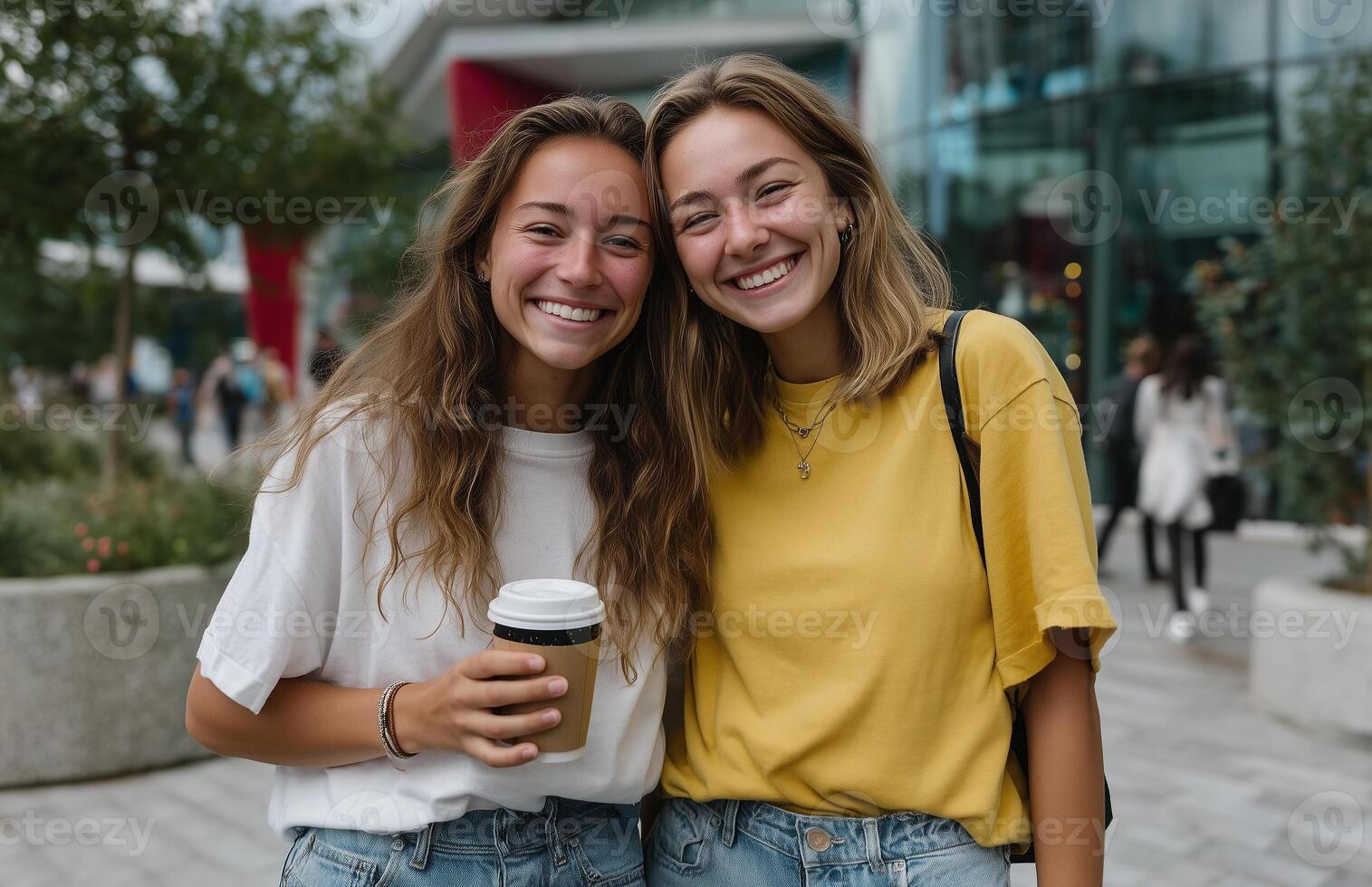 Young women enjoying coffee outdoors while smiling and embracing friendship photo